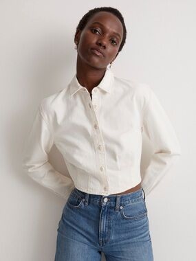 Madewell Denim Pleated Cropped Button-Up Shirt in Vintage Canvas